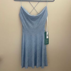 Light blue sparkly mini dress with cowl neck in size 3